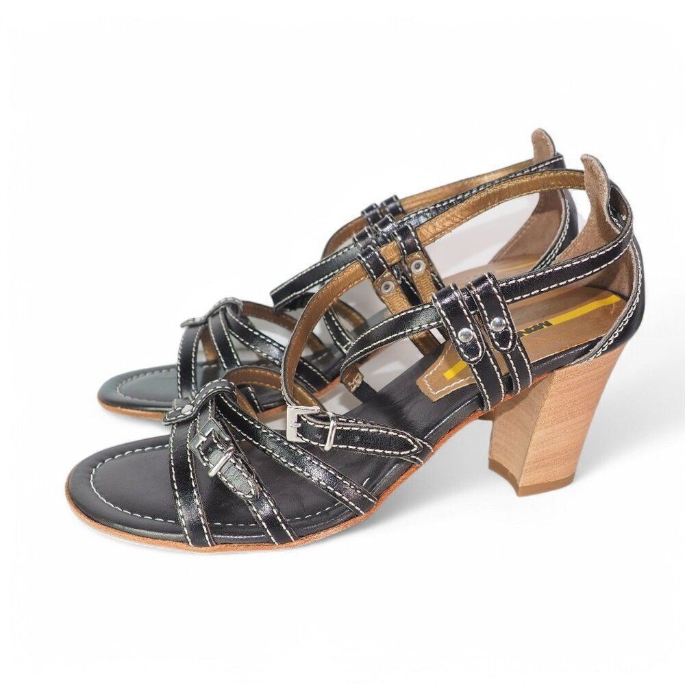 Manas Designs Strappy Leather Heeled Slingback Sandals Black Brown Women's 9/40 - Picture 2 of 10